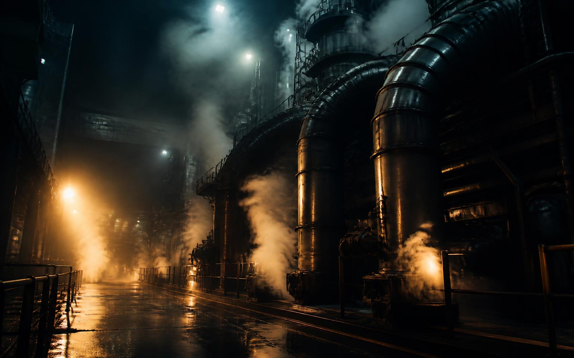 Planta industrial de noche con tuberías de acero y vapor